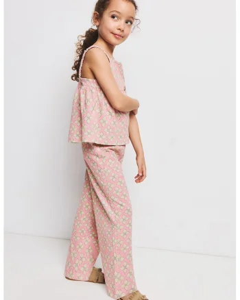 Pantaloni din bumbac cu croiala dreapta si imprimeu, Roz pastel
