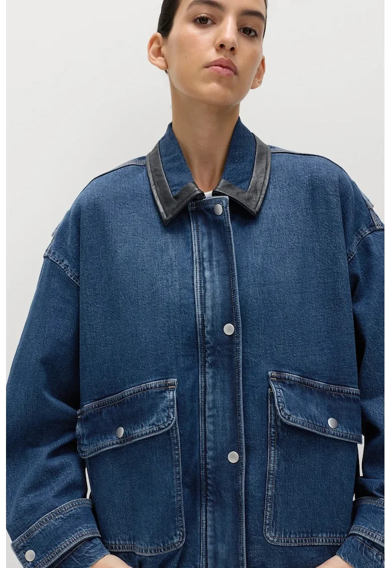 Jacheta-camasa cu croiala lejera din denim cu terminatie elastica, Albastru inchis