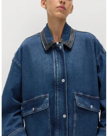 Jacheta-camasa cu croiala lejera din denim cu terminatie elastica, Albastru inchis
