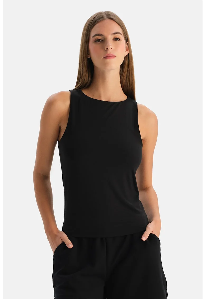 Top din amestec de modal cu model uni, Negru