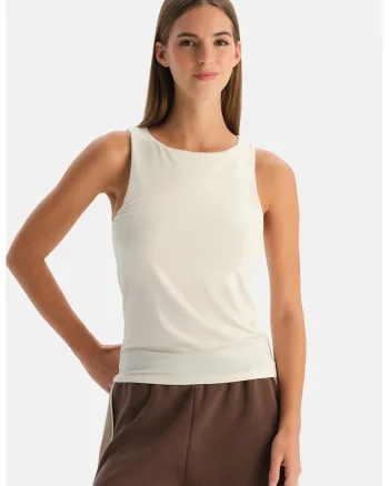 Top din amestec de modal cu model uni, Crem
