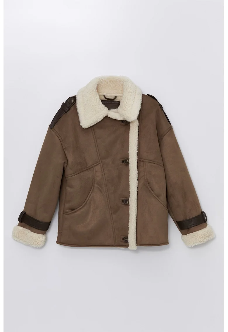 Jacheta din blana shearling sintetica, Maro inchis