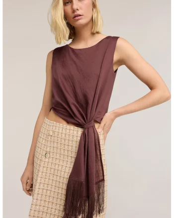Top crop cu nod lateral, Maro cognac