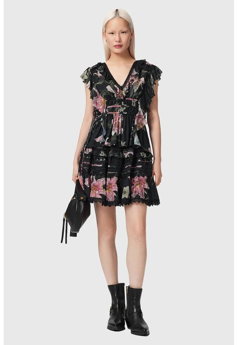 Top din modal cu volane Canto, Negru/Roz