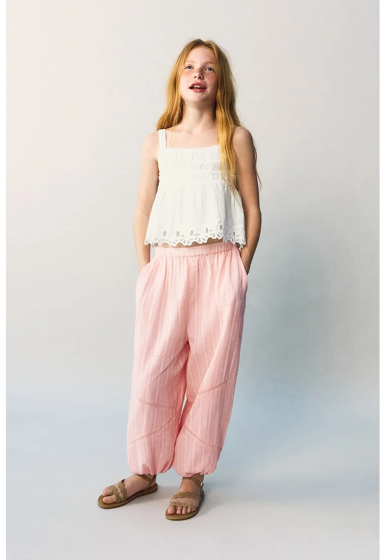 Pantaloni lungi cu benzi brodate, Roz pastel