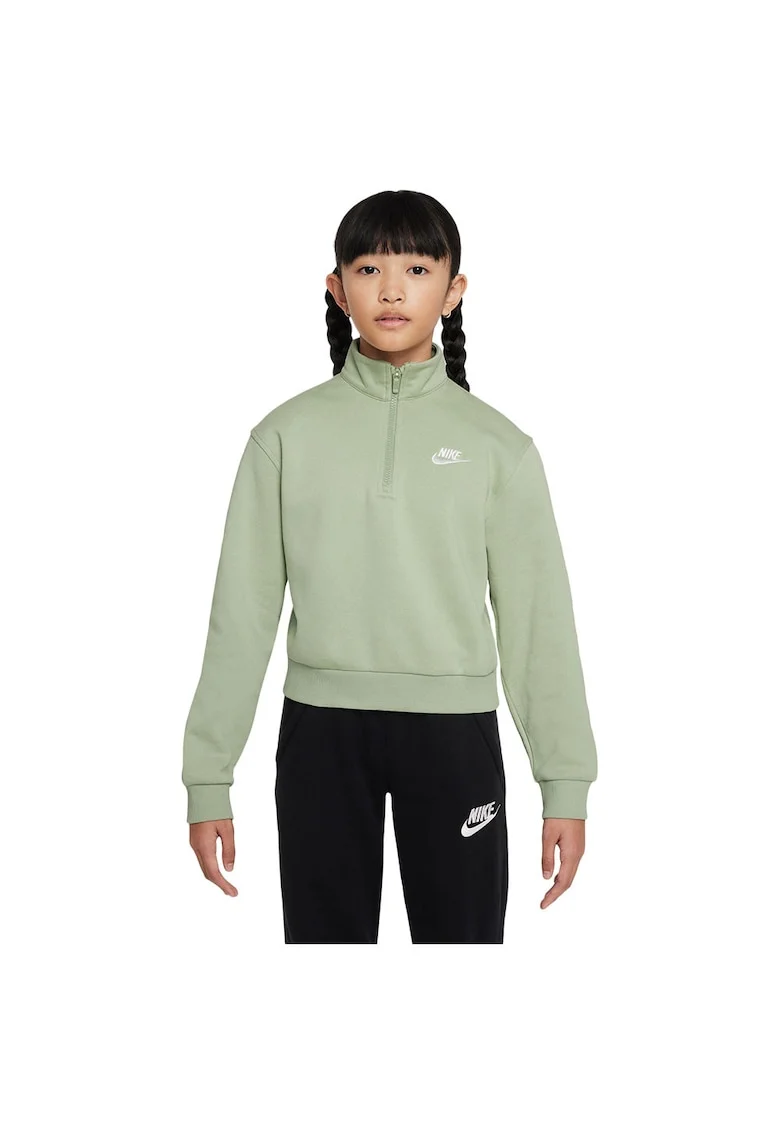 Hanorac  Sportswear Club Fleece pentru fete, bumbac/poliester, maneca lunga, jumatate de fermoar, verde