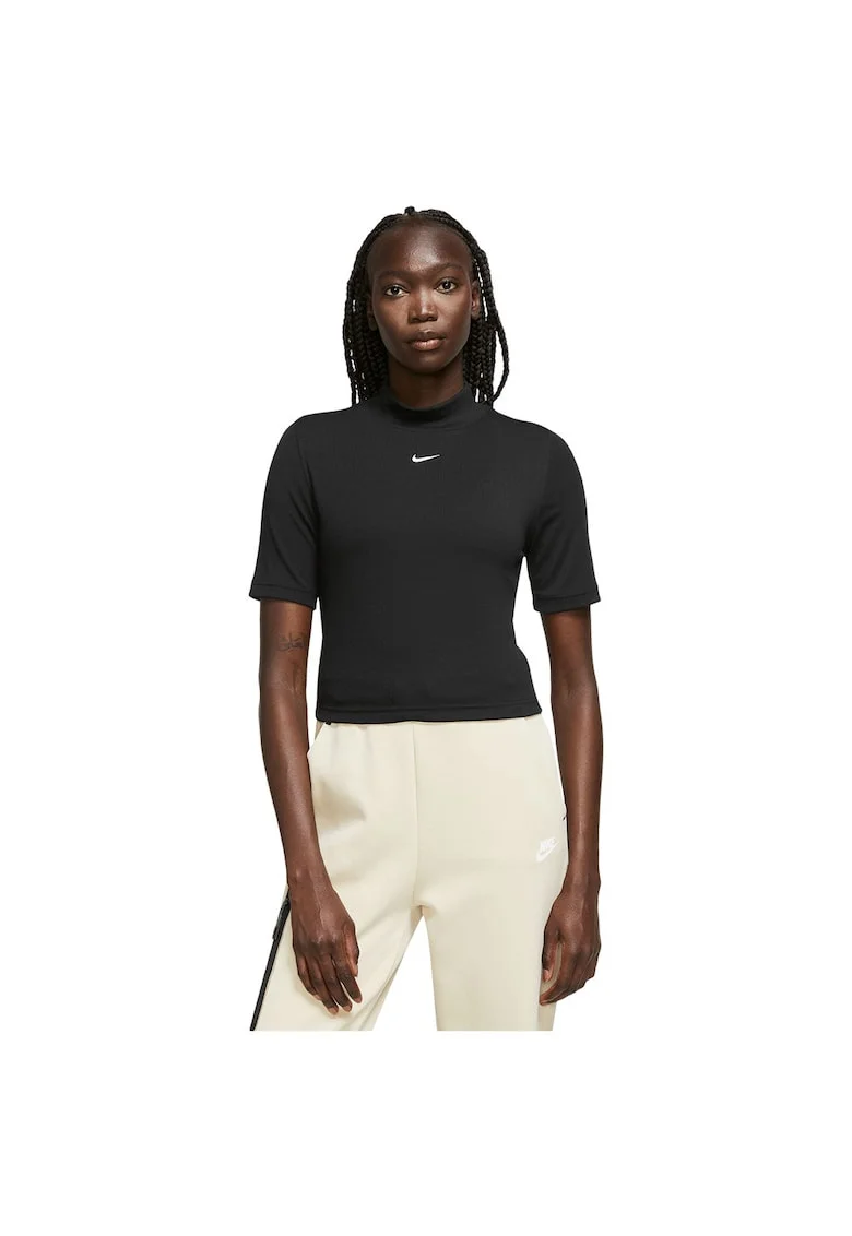 Tricou sport dama,  Sportswear Essentials Rib Mock, maneca scurta, negru, poliester