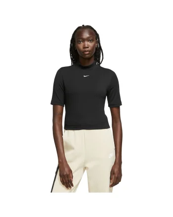 Tricou sport dama,  Sportswear Essentials Rib Mock, maneca scurta, negru, poliester