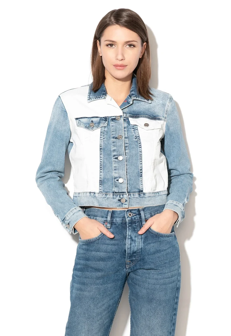 Jacheta din denim cu insertii contrastante Tess, Alb murdar/Albastru stins