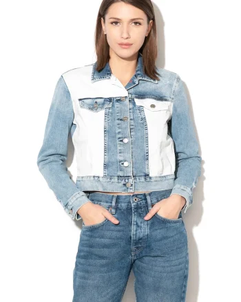 Jacheta din denim cu insertii contrastante Tess, Alb murdar/Albastru stins