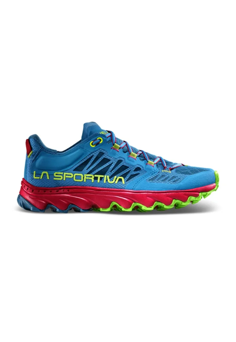 Pantofi Helios III din material textil pentru alergare trail, Albastru pastel/Rosu zmeuriu/Verde fistic
