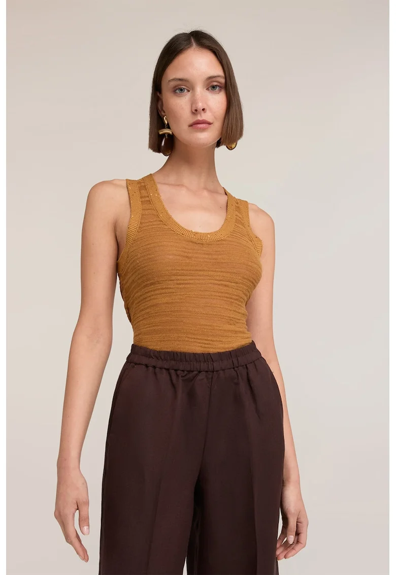 Top slim fit cu paiete, Ocru