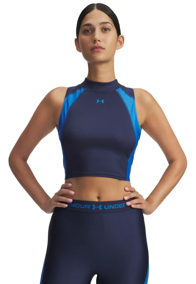 Top crop pentru fitness, Alb optic/Bleumarin