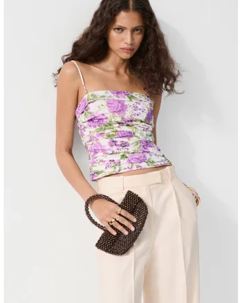 Top cu imprimeu floral si drapaj, Alb/Lila