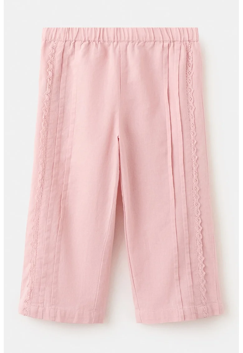 Pantaloni din amestec de in cu insertii cu broderie, Roz pastel