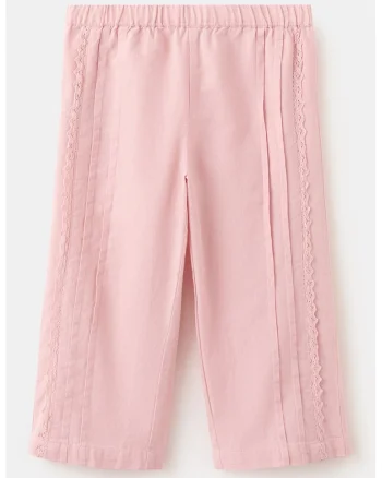 Pantaloni din amestec de in cu insertii cu broderie, Roz pastel