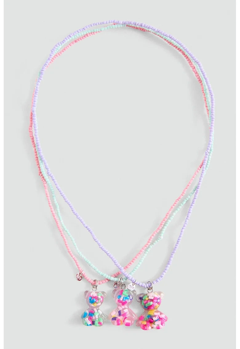 Set de coliere cu margele si pandantive cu ursuleti - 3 piese, Multicolor