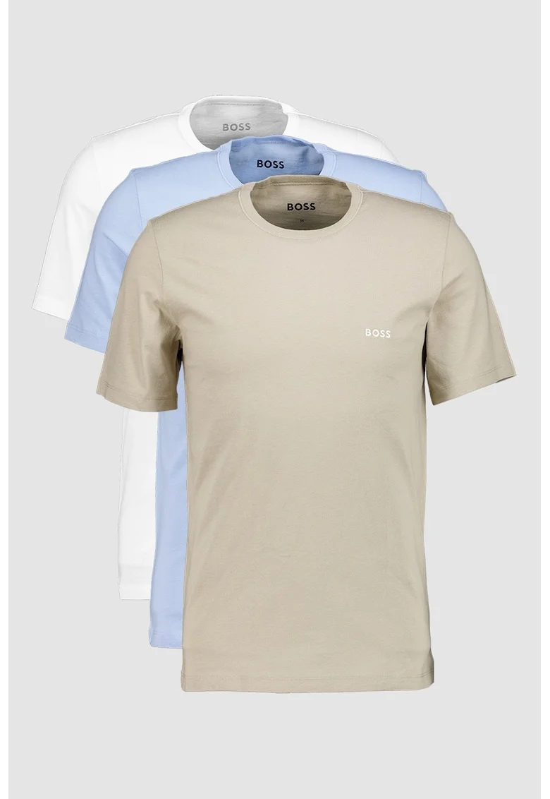 Set de tricouri regular fit de casa cu decolteu la baza gatului - 3 piese, Alb/Maro taupe/Albastru pal