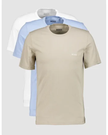 Set de tricouri regular fit de casa cu decolteu la baza gatului - 3 piese, Alb/Maro taupe/Albastru pal