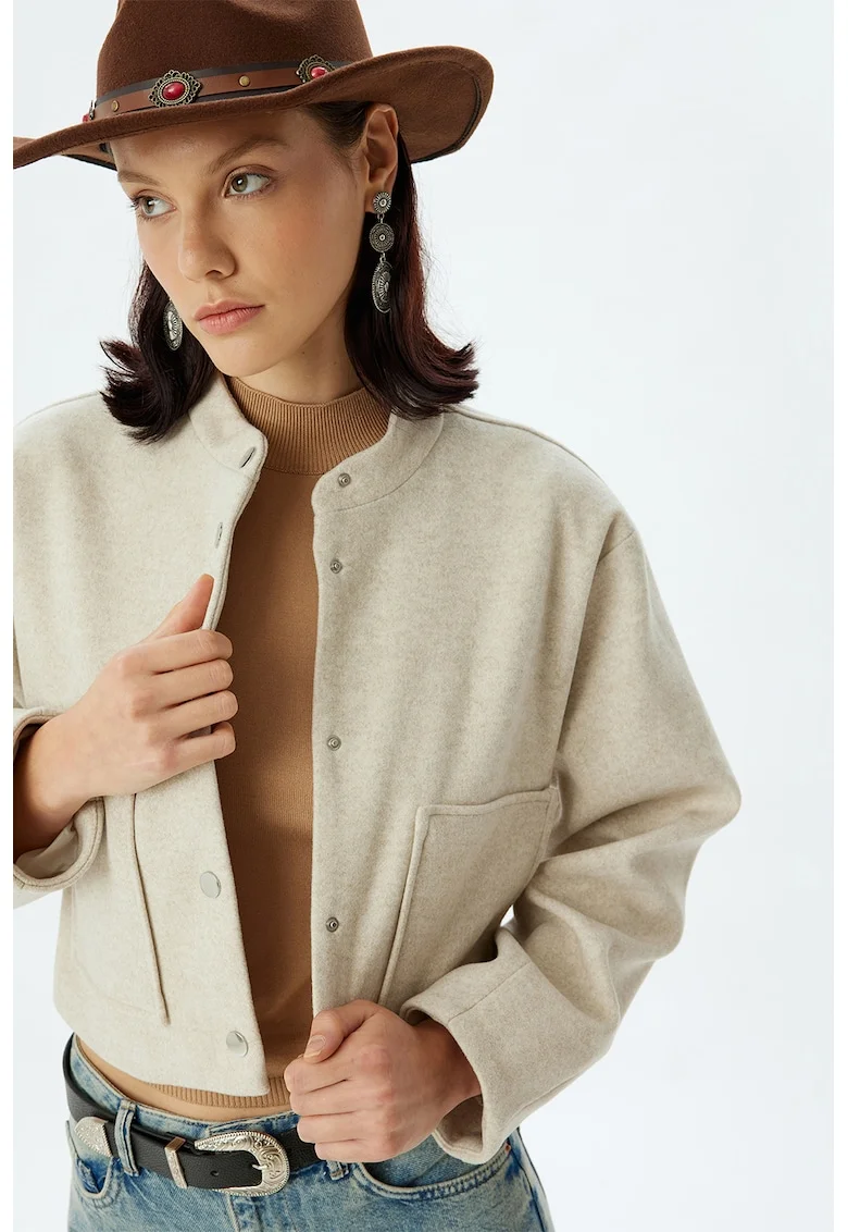 Jacheta crop cu buzunare laterale, Bej deschis