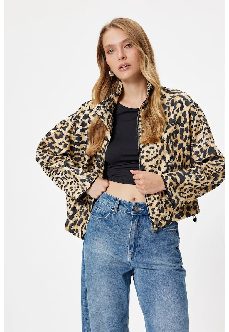 Jacheta cu animal print si maneci cazute, Negru/Bej