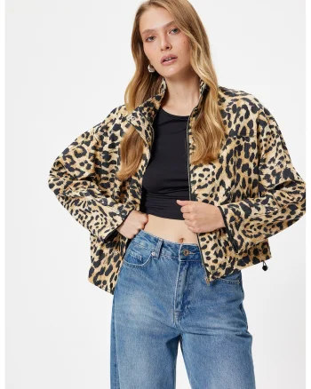 Jacheta cu animal print si maneci cazute, Negru/Bej
