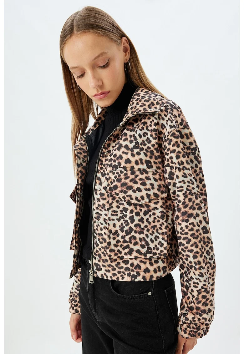 Jacheta crop cu fermoar, Negru/Maro deschis