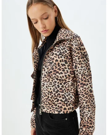 Jacheta crop cu fermoar, Negru/Maro deschis