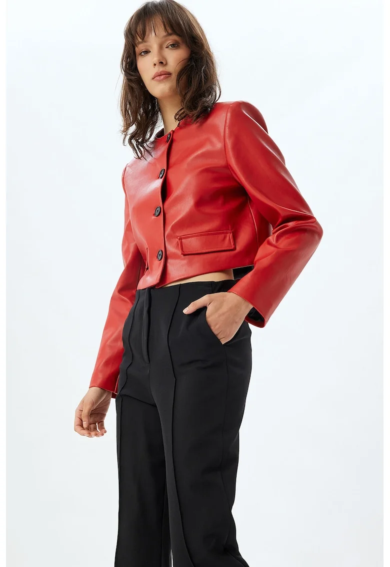 Jacheta crop din piele ecologica, Rosu/Negru