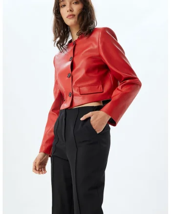 Jacheta crop din piele ecologica, Rosu/Negru