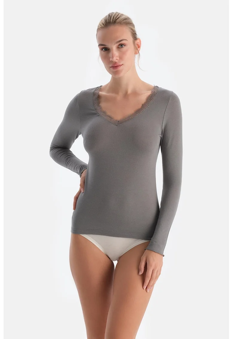 Bluza din micromodal cu decolteu in V, Gri