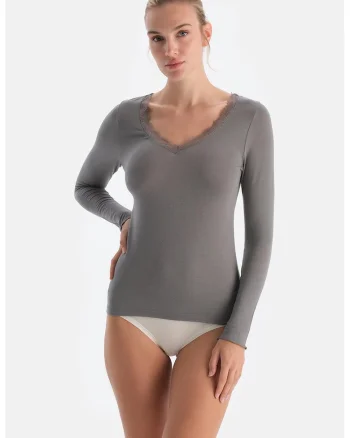 Bluza din micromodal cu decolteu in V, Gri