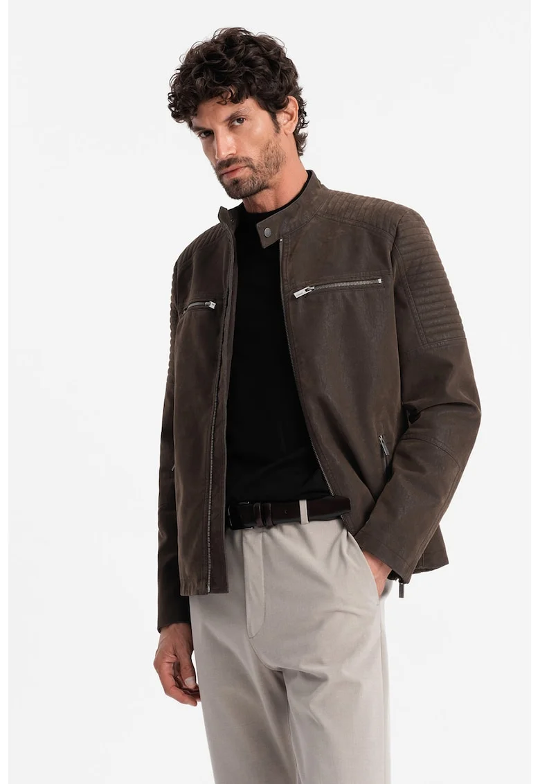 Jacheta biker de piele ecologica, Maro inchis