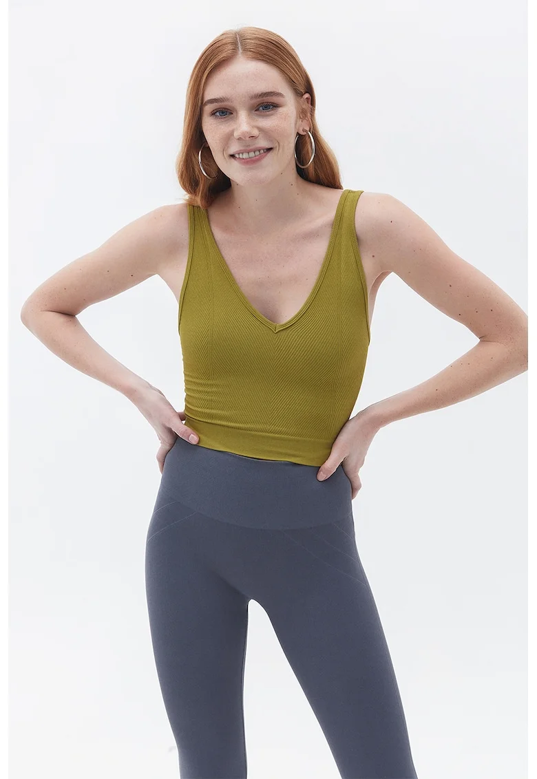 Top crop cu decolteu in V, Kaki