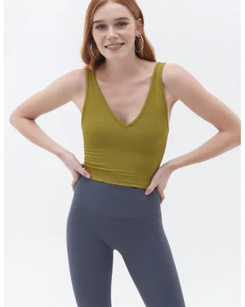 Top crop cu decolteu in V, Kaki