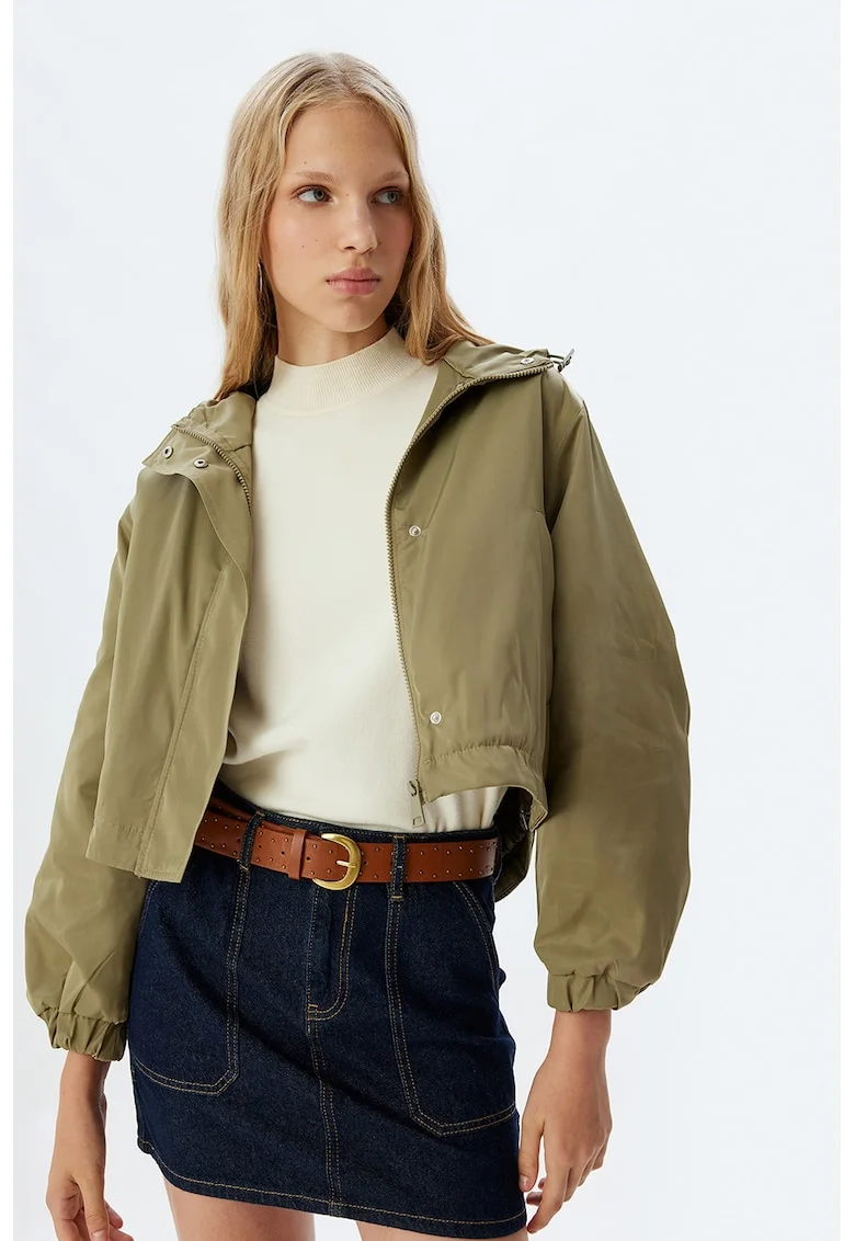 Jacheta crop supradimensionata cu gluga, Kaki