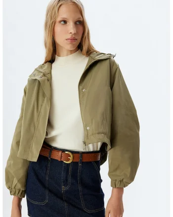 Jacheta crop supradimensionata cu gluga, Kaki