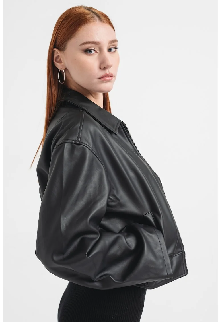Jacheta crop din piele ecologica, Negru