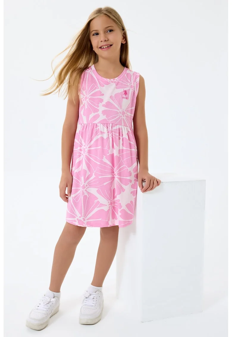 Rochie evazata cu model floral si decolteu rotund, Alb/Roz pastel
