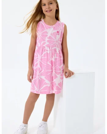 Rochie evazata cu model floral si decolteu rotund, Alb/Roz pastel