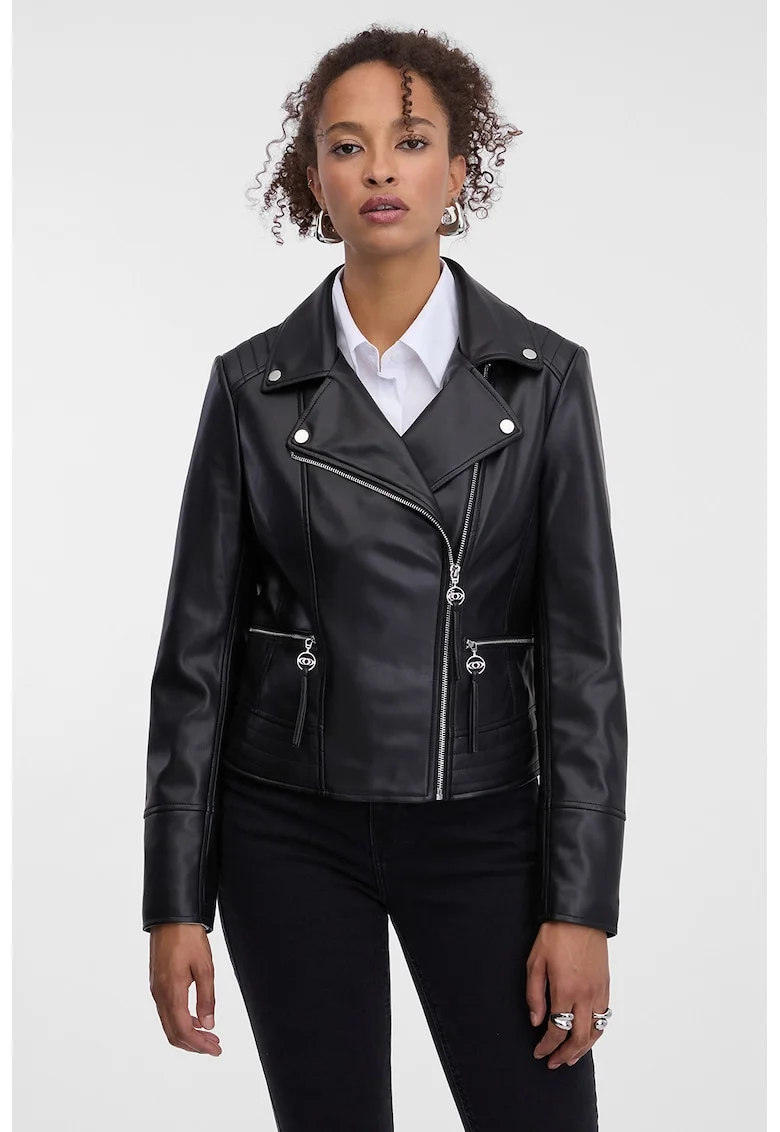 Jacheta biker din piele ecologica cu buzunare cu fermoar, Negru