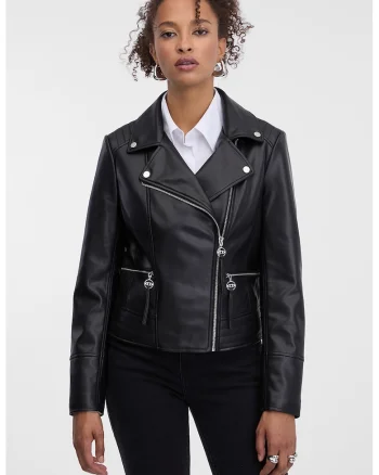 Jacheta biker din piele ecologica cu buzunare cu fermoar, Negru