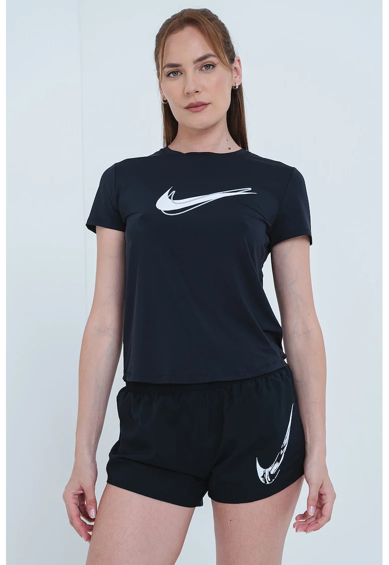 Tricou cu imprimeu logo, pentru alergare, Negru/Alb optic