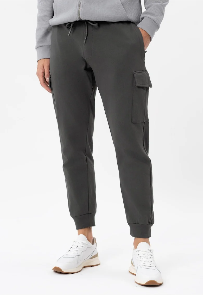Pantaloni cargo jogger din bumbac, regular fit, buzunar lateral cu clapa, talie elastica cu snur,  N-Cave, grafit, Gri grafit