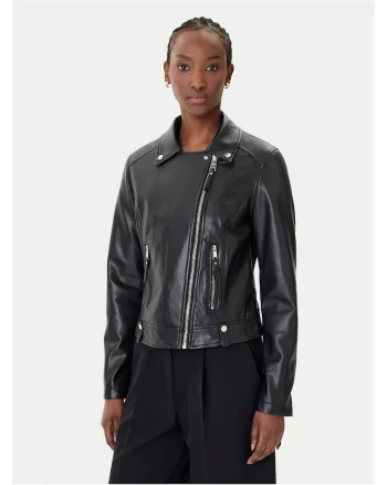 Geaca dama,  piele ecologica, neagra, cu fermoar, buzunare cu fermoar,