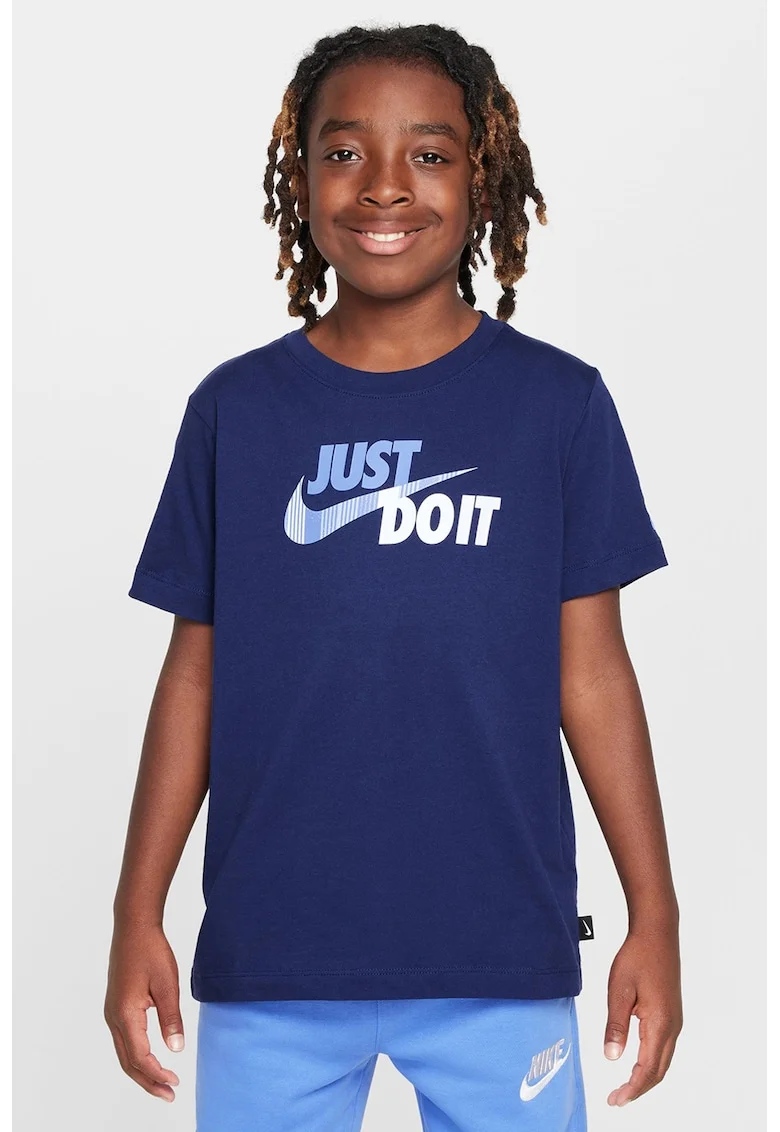 Tricou de bumbac cu imprimeu logo, pentru fotbal, Albastru indigo