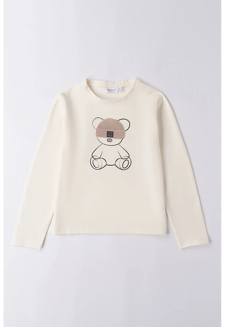 Bluza din amestec de bumbac cu imprimeu, Alb fildes/Negru/Maro deschis