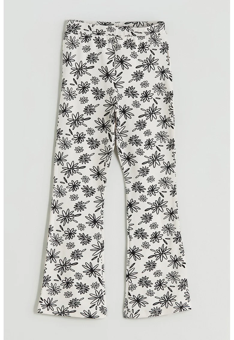Pantaloni evazati cu model floral, Negru stins/Alb murdar