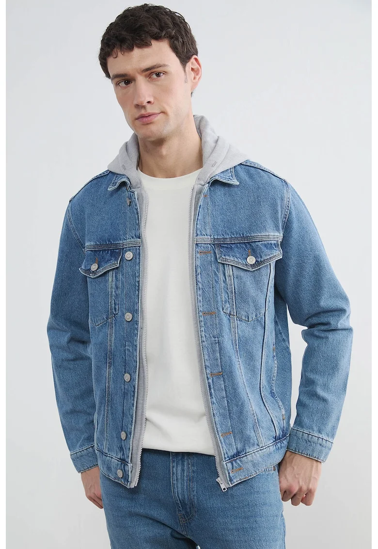 Jacheta din denim cu gluga, Gri/Albastru melange