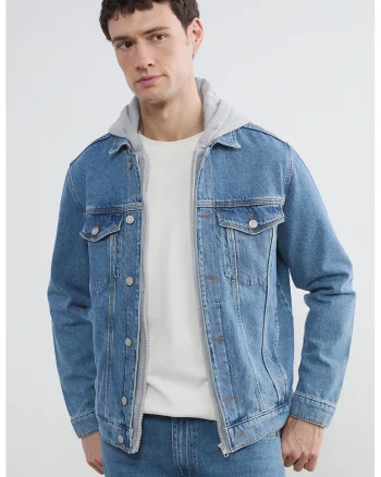 Jacheta din denim cu gluga, Gri/Albastru melange